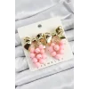 Pirinç Sallantılı Pembe Boncuklu Fiyonk Vintage Model Gold Renk Kadın Küpe