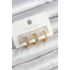 Pirinç Zirkon Taşlı Halka Model Gold Renk 3lü Çift Kadın Küpe Set