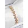Pirinç Zirkon Taşlı Pembe Yonca Baget Model Gold Renk VIP Seri Kadın Bileklik