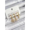 Pirinç Zirkon Taşlı Yıldız Model Gold Renk 3lü Çift Kadın Küpe Set