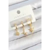 Pirinç Zirkon Taşlı Yıldız Model Gold Renk 3lü Çift Kadın Küpe Set