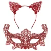 Romantik Kırmızı Dantel Maske Seti – Kedi Kulaklı Taç ve Maske 3 No