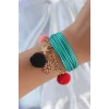 Turkuaz Renk Kar Tanesi Figür Zincir Detay İpli Çoklu Bileklik