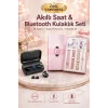 Wireless Şarjlı Pembe Akıllı Saat ve Kablosuz Bluetooth Kulaklık Dokunmatik Kontrol