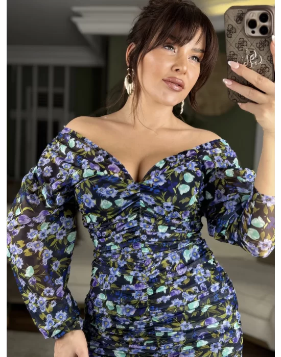 V YAKA ÇİÇEKLİ ELBİSE