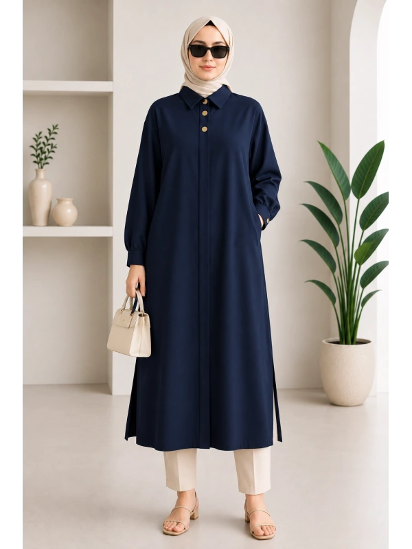 Kadın Lacivert Oversize Cepli Gizli Düğmeli Uzun Tunik