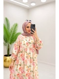 Kadın Modal Pembe Çiçek Desenli Düğmeli Elbise