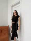 Kadın Siyah Bel Dekolteli Zincir Detay Midi Elbise