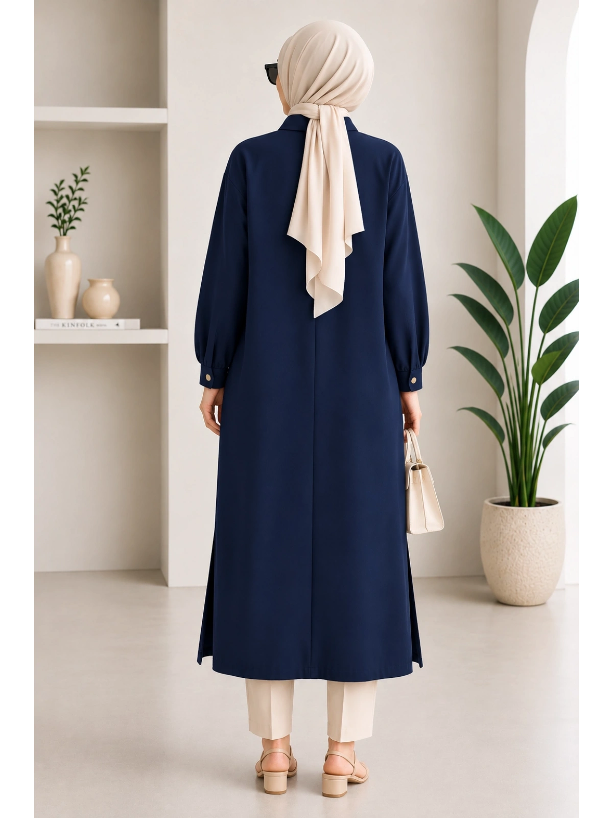 Kadın Lacivert Oversize Cepli Gizli Düğmeli Uzun Tunik