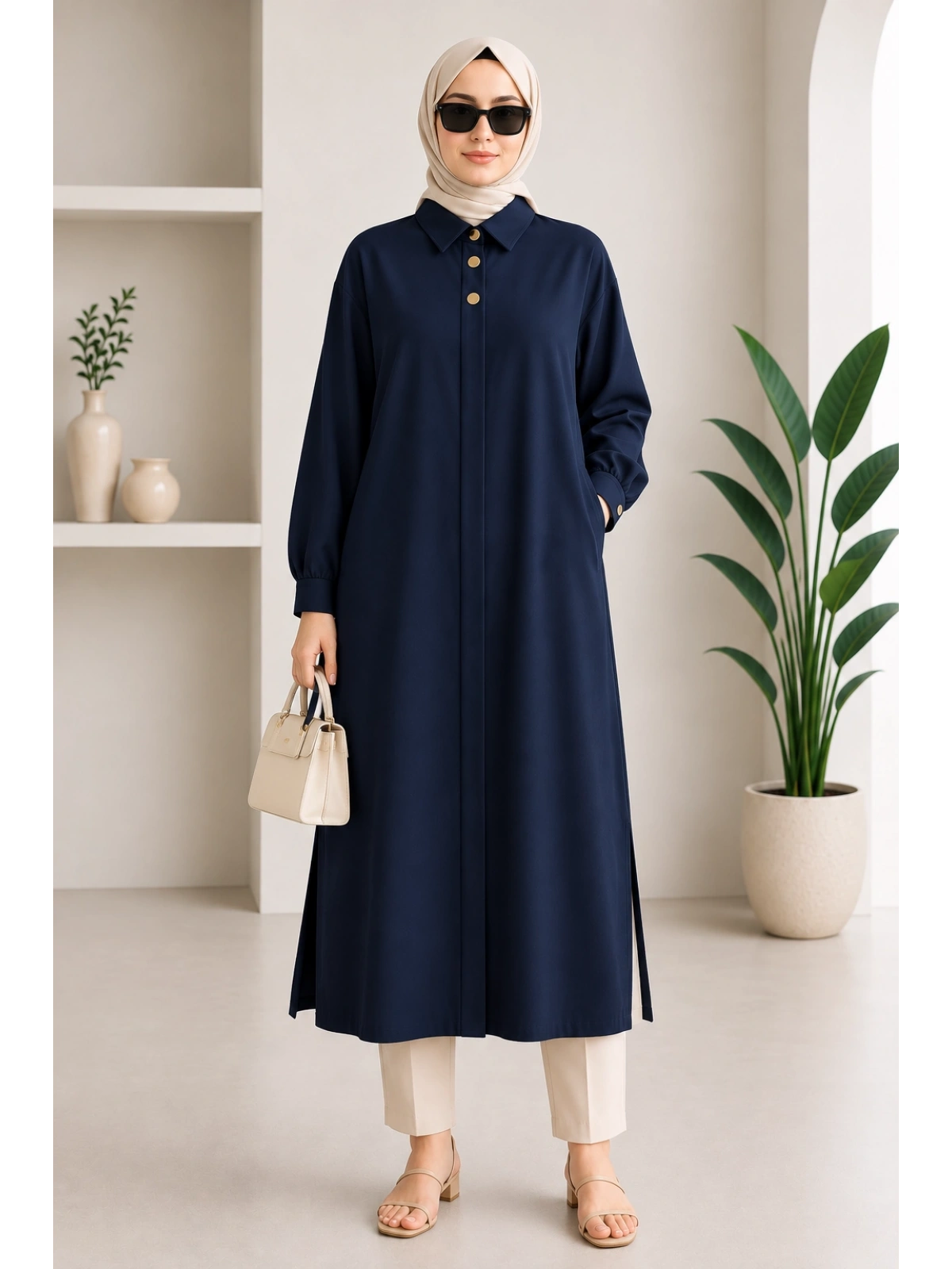 Kadın Lacivert Oversize Cepli Gizli Düğmeli Uzun Tunik