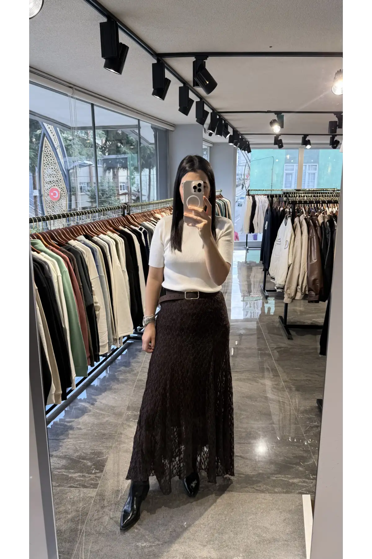 Kahve Astarlı Dantel Etek