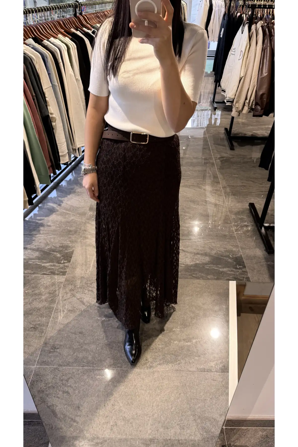 Kahve Astarlı Dantel Etek