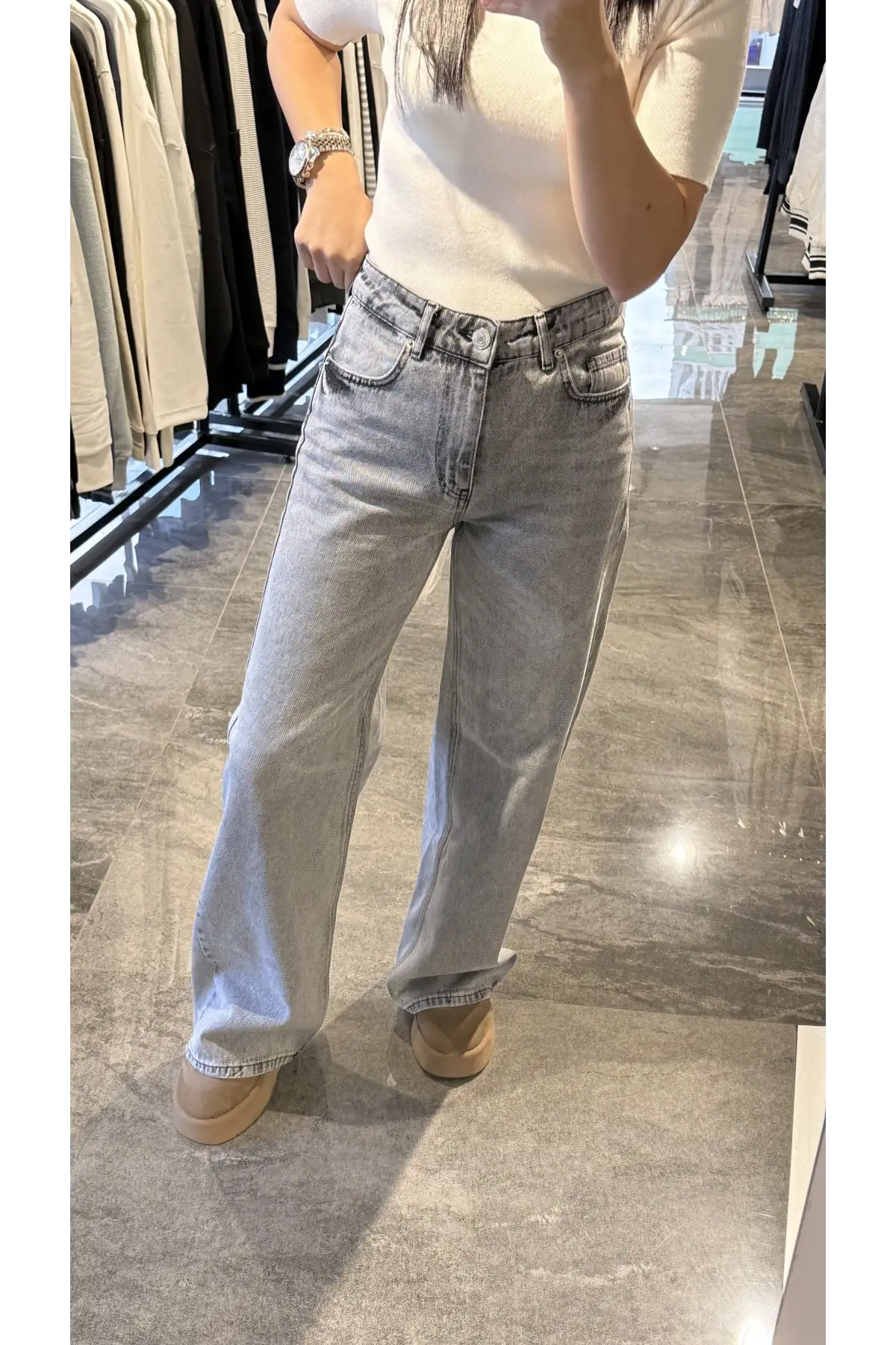 Yüksek Bel Mom Gri Kot Jean Pantolon