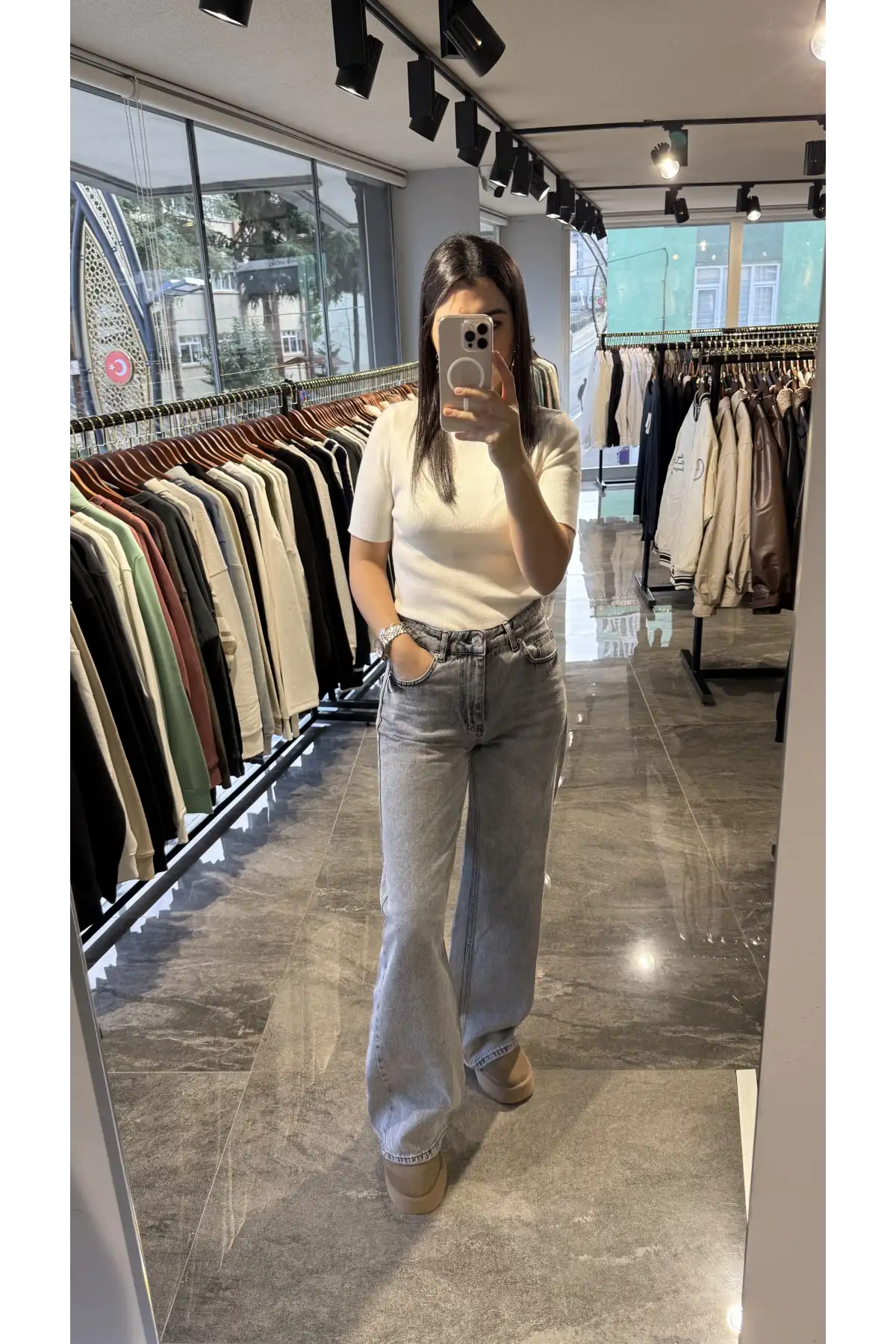 Yüksek Bel Mom Gri Kot Jean Pantolon