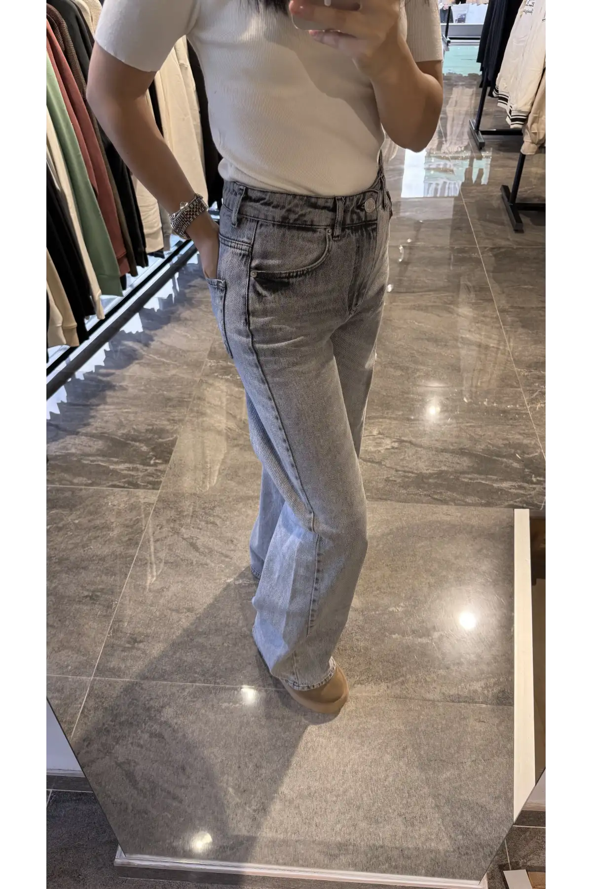 Yüksek Bel Mom Gri Kot Jean Pantolon