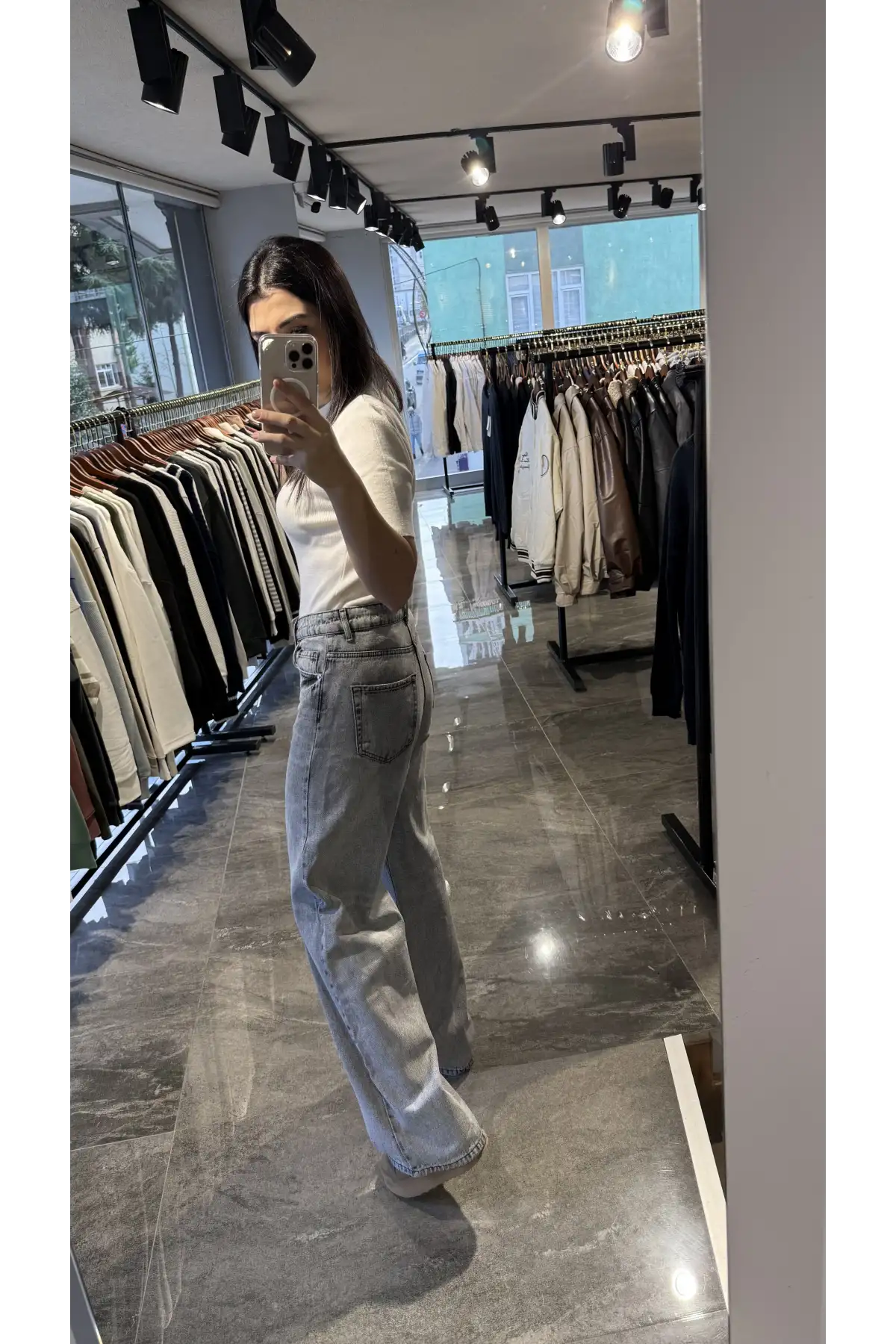 Yüksek Bel Mom Gri Kot Jean Pantolon