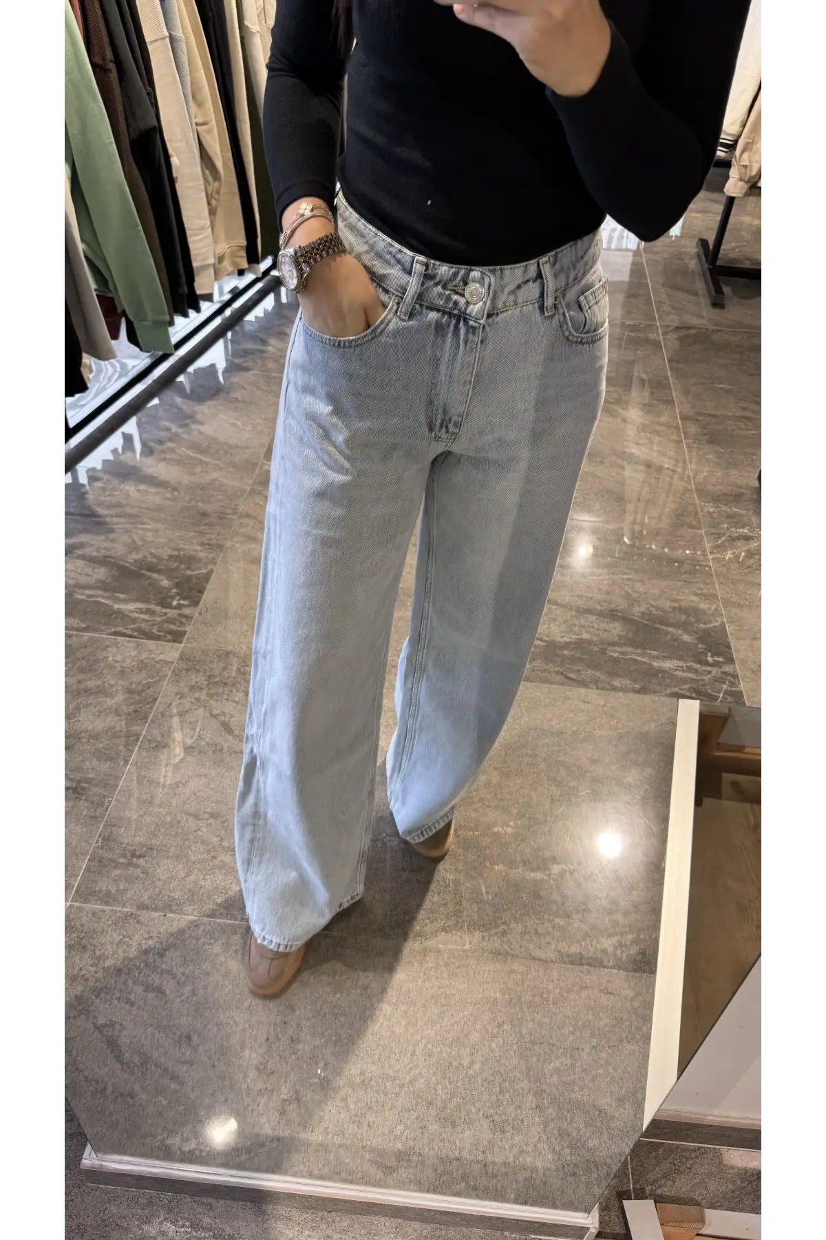 Yüksek Bel Mom Buz Mavisi Kot Jean Pantolon