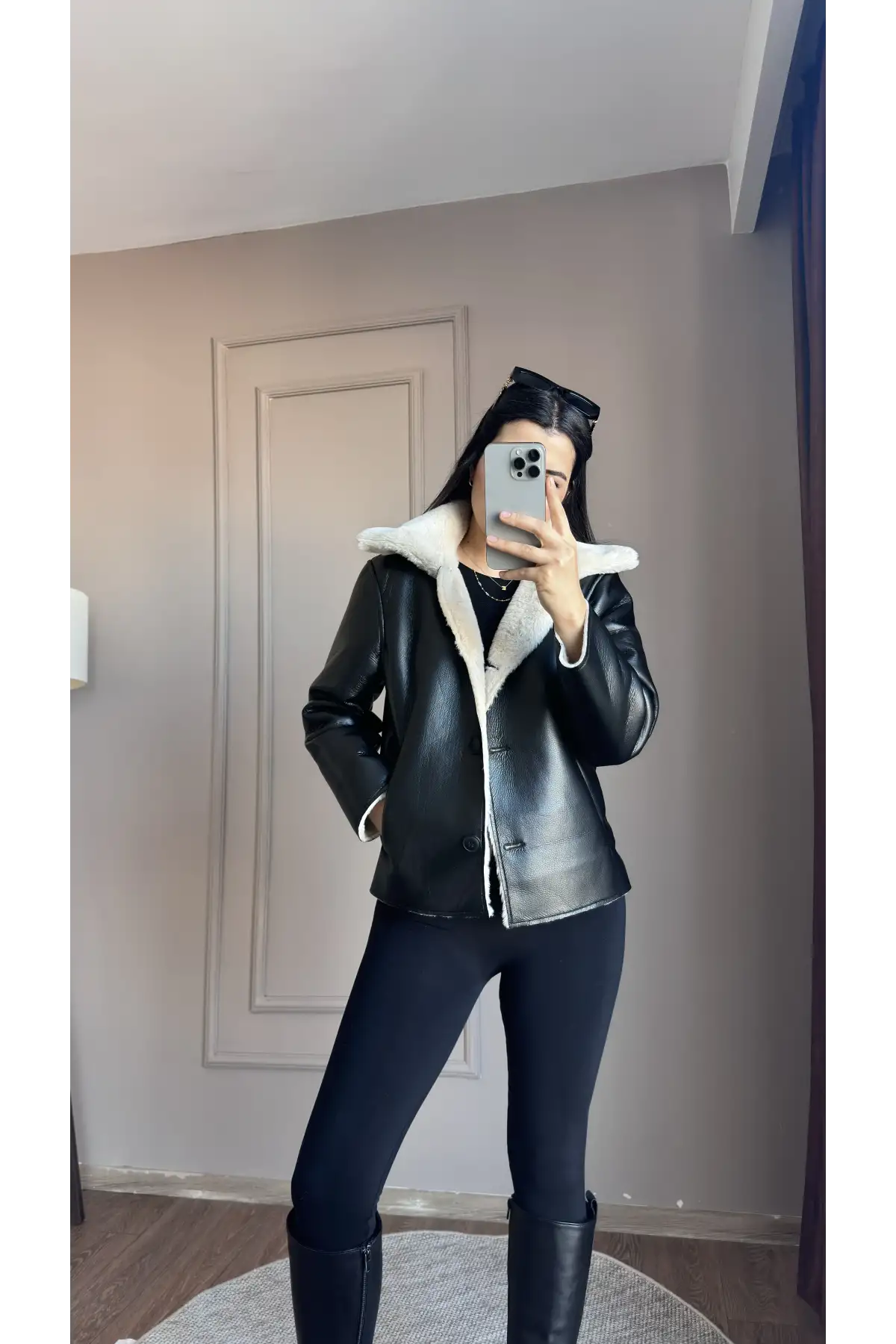 Yandan Cepli İçi Kürklü  Siyah Deri Ceket