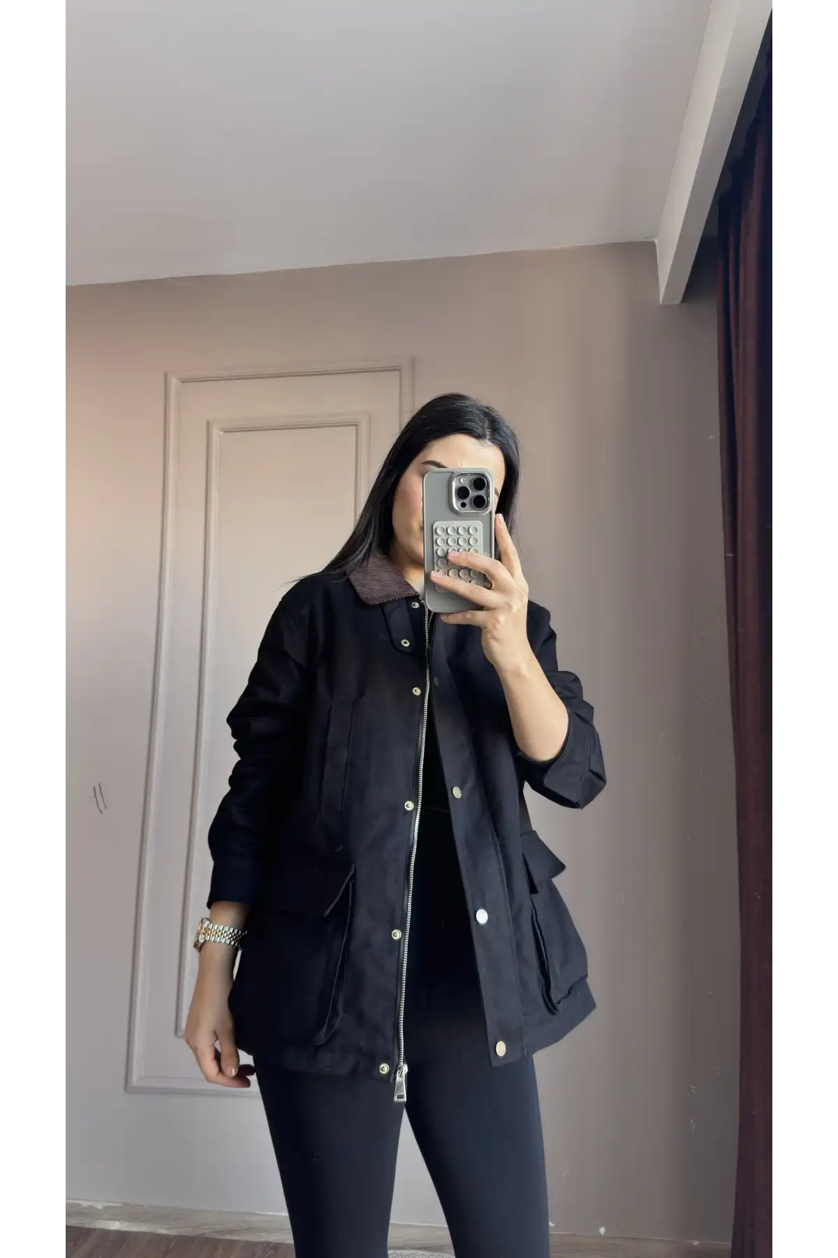 Yandan Ceepli Fermuarlı Keten Kadife Yaka Siyah Ceket