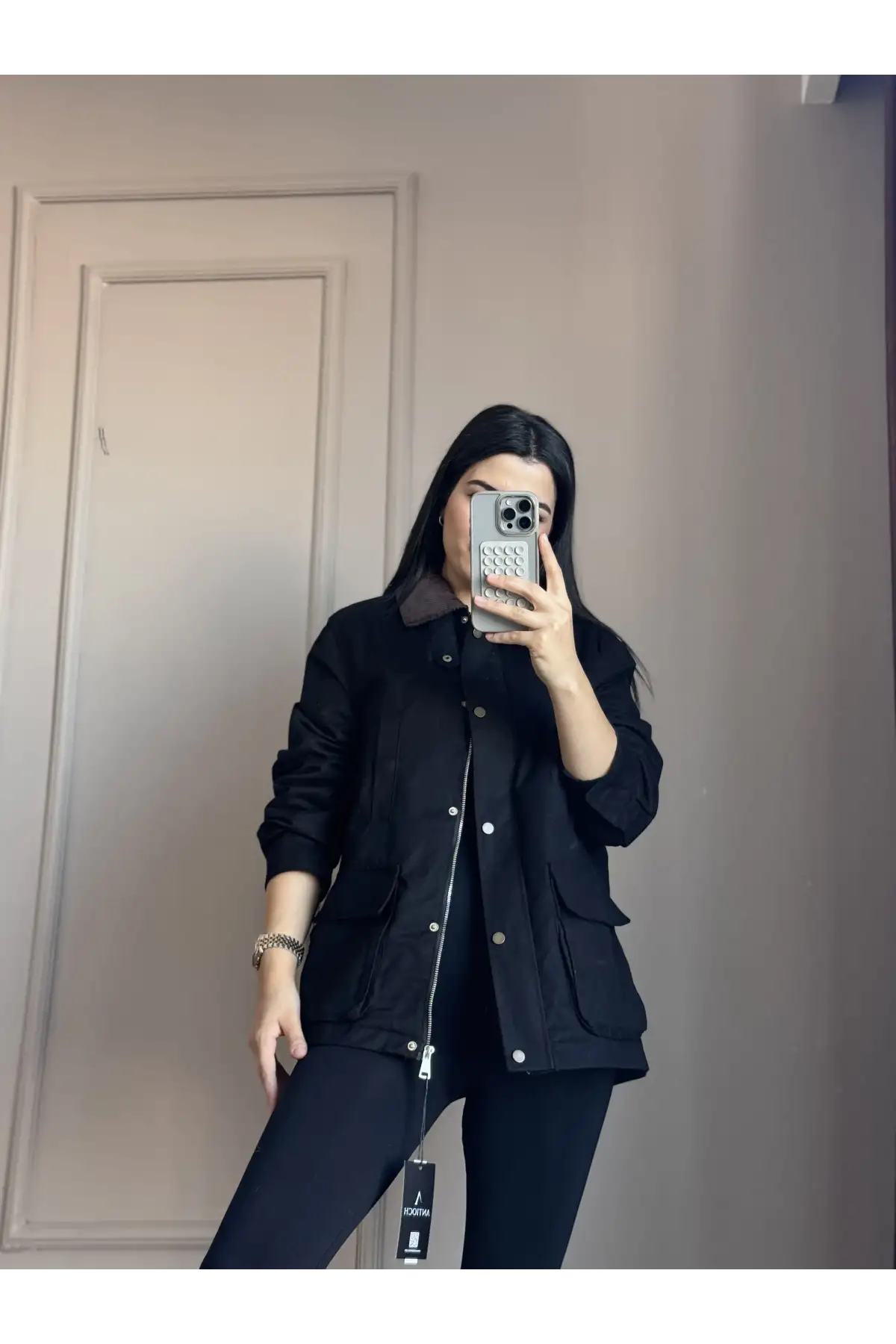 Yandan Ceepli Fermuarlı Keten Kadife Yaka Siyah Ceket