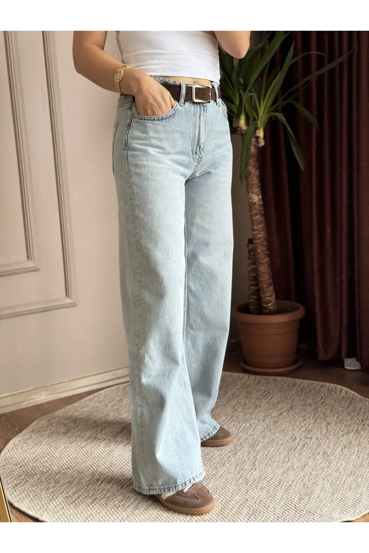 Yüksek Bel Mom Buz Mavisi Kot Jean Pantolon