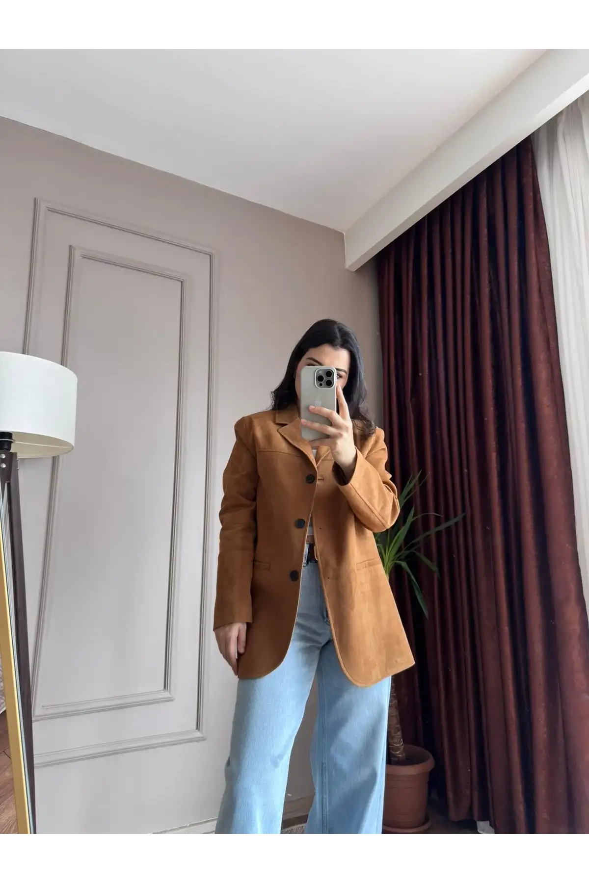 Yandan Cepli Düğmeli Süet Taba Blazer Ceket