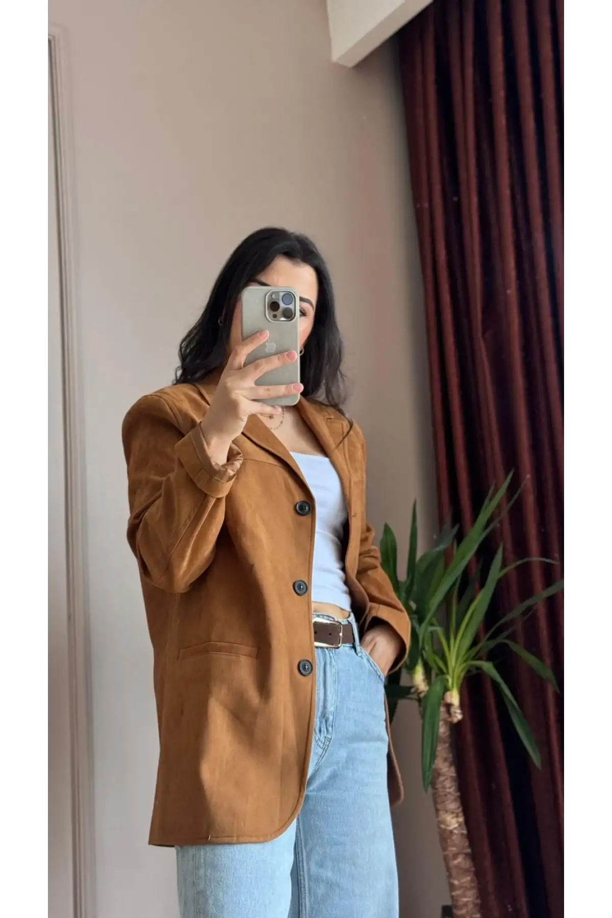 Yandan Cepli Düğmeli Süet Taba Blazer Ceket