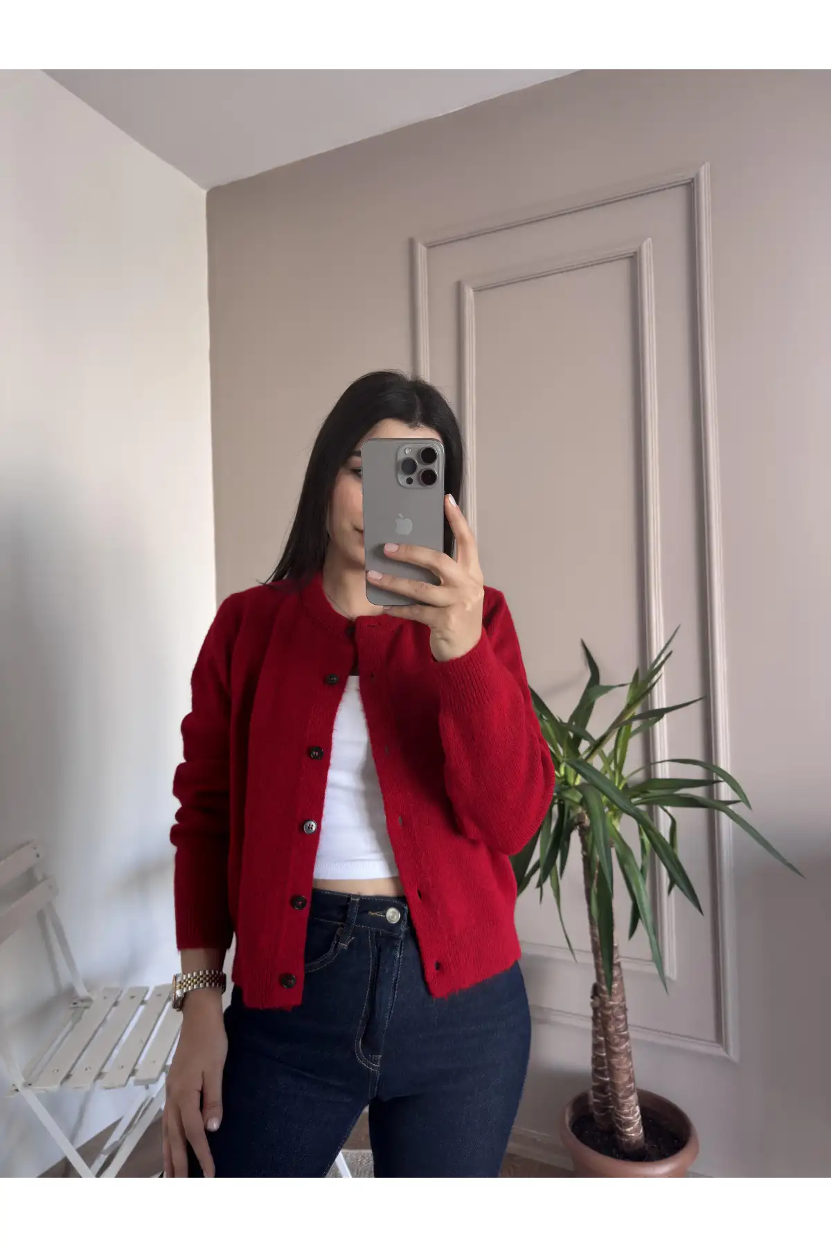 Düğmeli Yumoş Kırmızı Triko Hırka