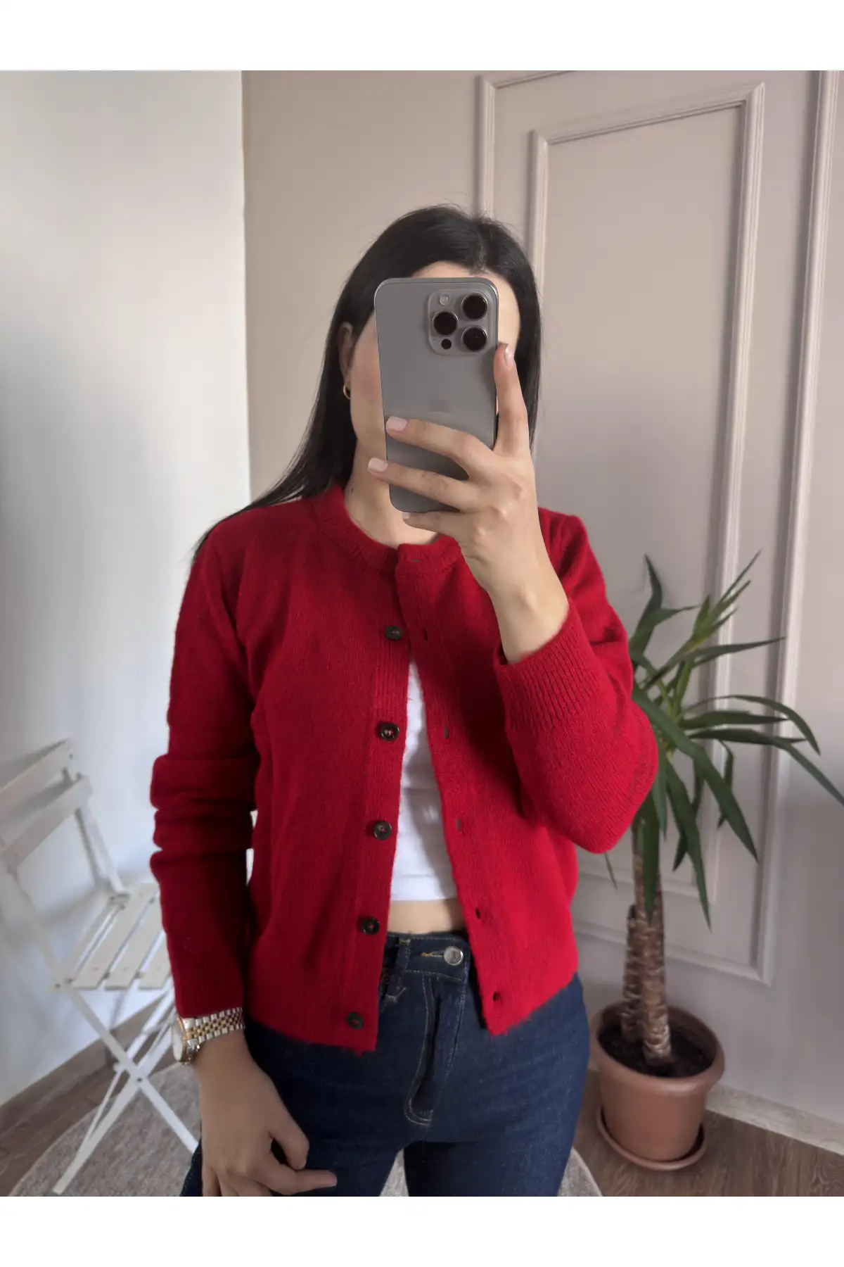 Düğmeli Yumoş Kırmızı Triko Hırka