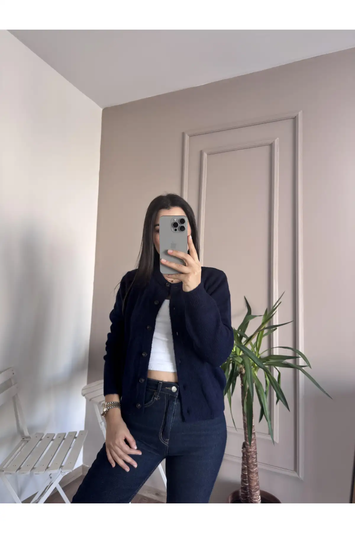 Düğmeli Yumoş Lacivert Triko Hırka