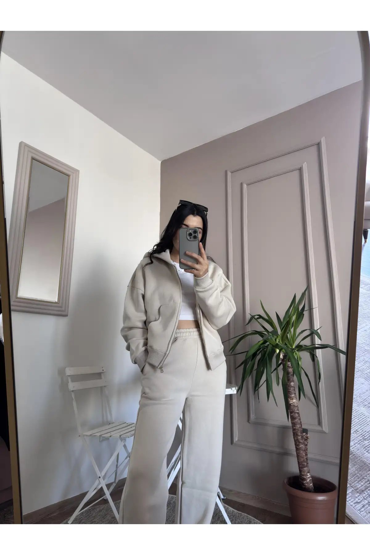 İçi Şardonlu 3 İplik Krem Rengi Eşofman Takımı