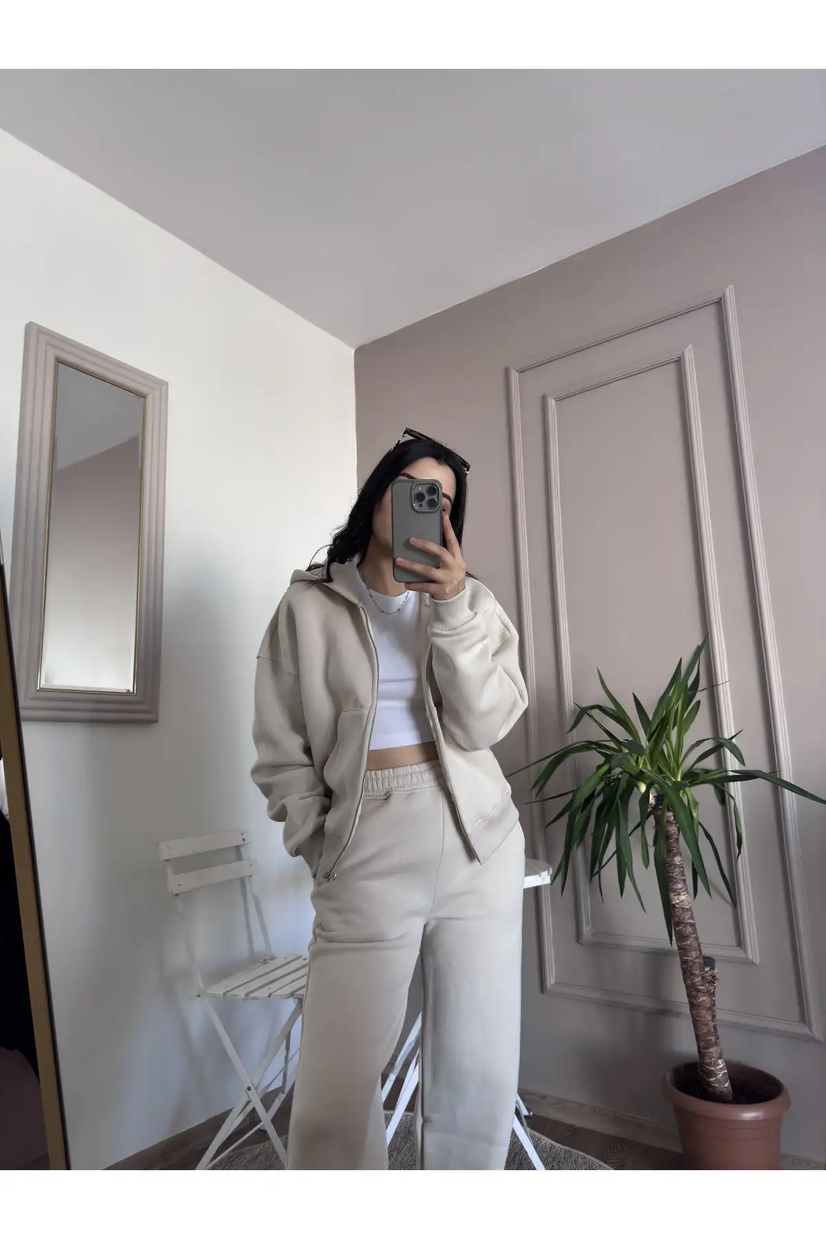 İçi Şardonlu 3 İplik Krem Rengi Eşofman Takımı