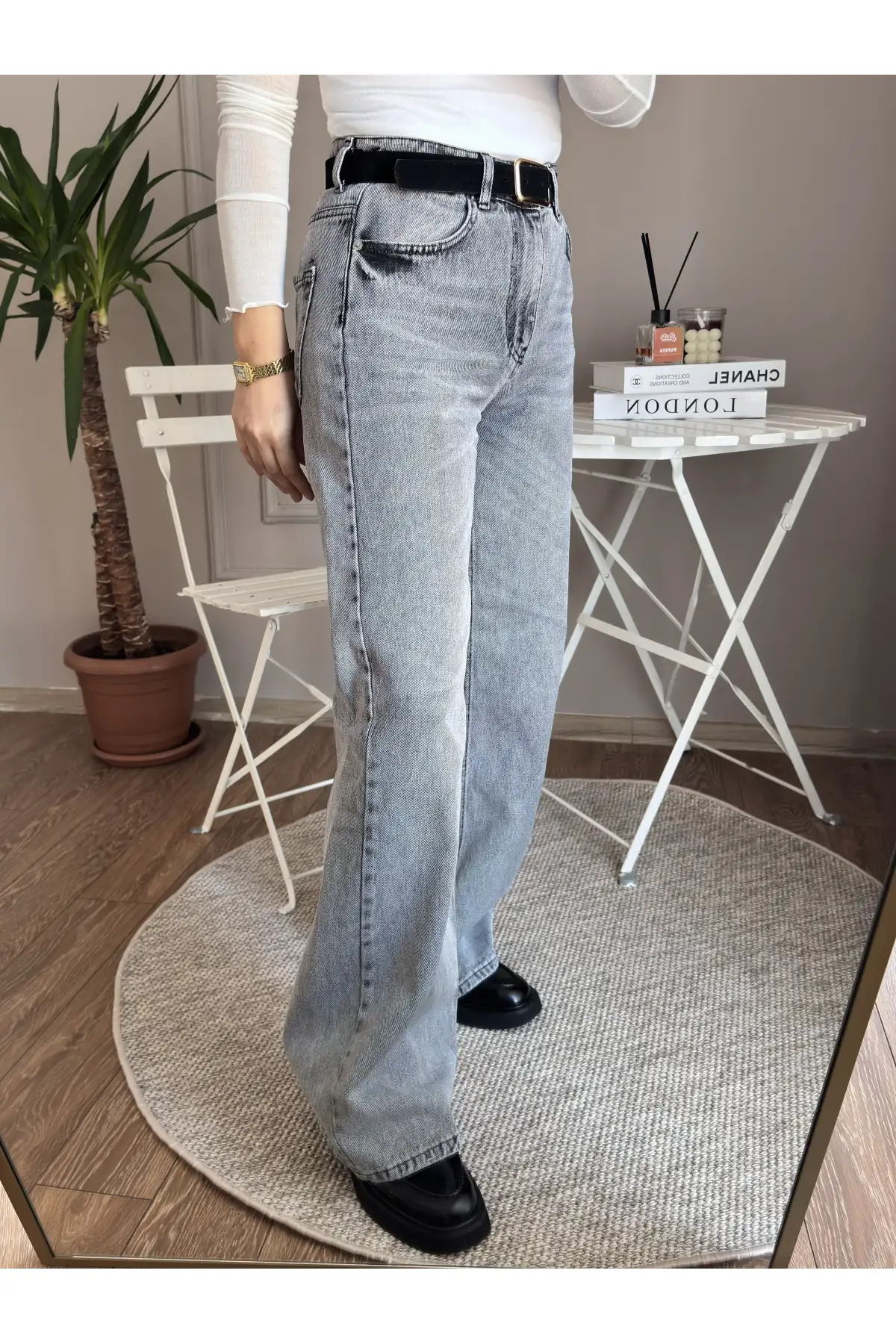 Yüksek Bel Mom Gri Kot Jean Pantolon