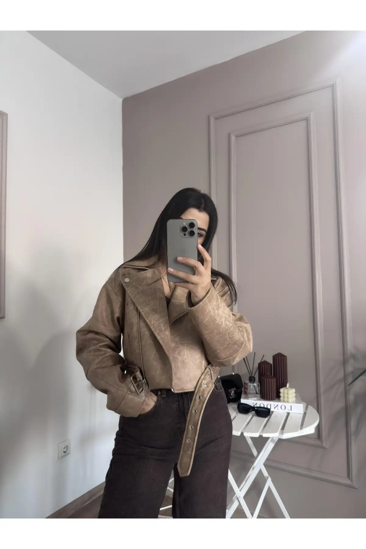 Kruvaze Deri Krem Ceket