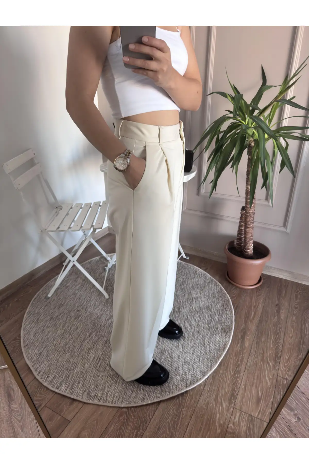 Tek Pile Ekru Palazzo Pantolon