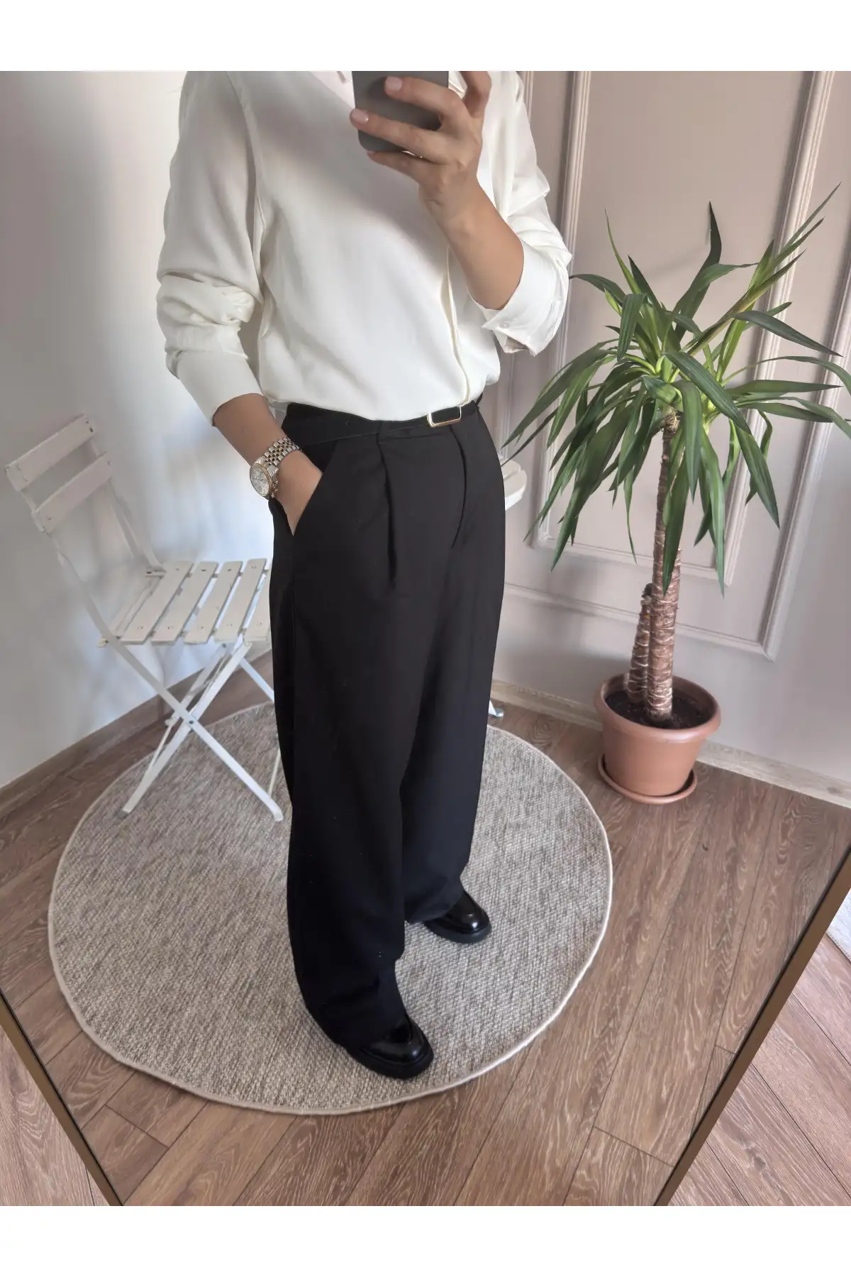 Tek Pile Siyah Palazzo Pantolon