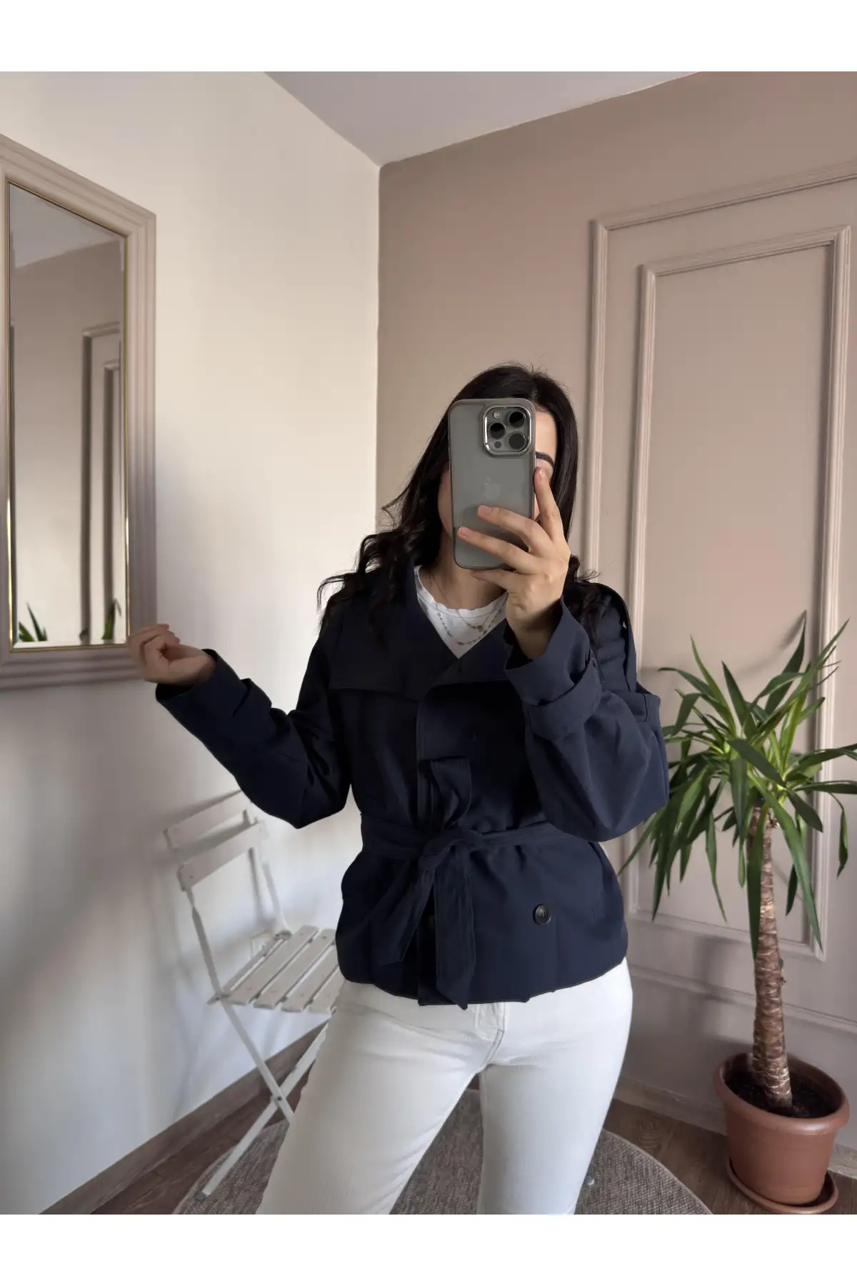 Yandan Cepli Düğmeli Lacivert Kısa Trençkot