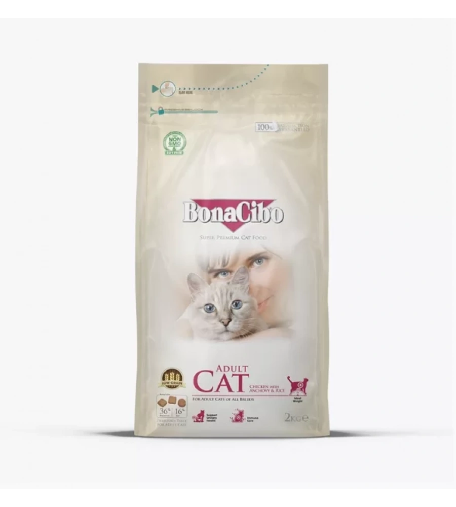 BonaCibo Adult Cat Tavuklu (Hamsi ve Pirinç eşliğinde) Yetişkin Kedi Maması 2kg