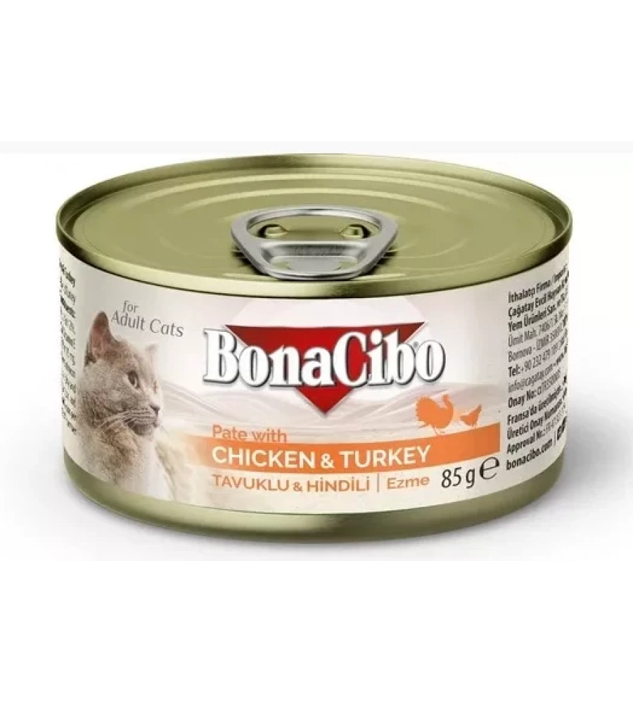 BonaCibo Ezme Tavuklu & Hindili Yetişkin Yaş Kedi Maması 85gr