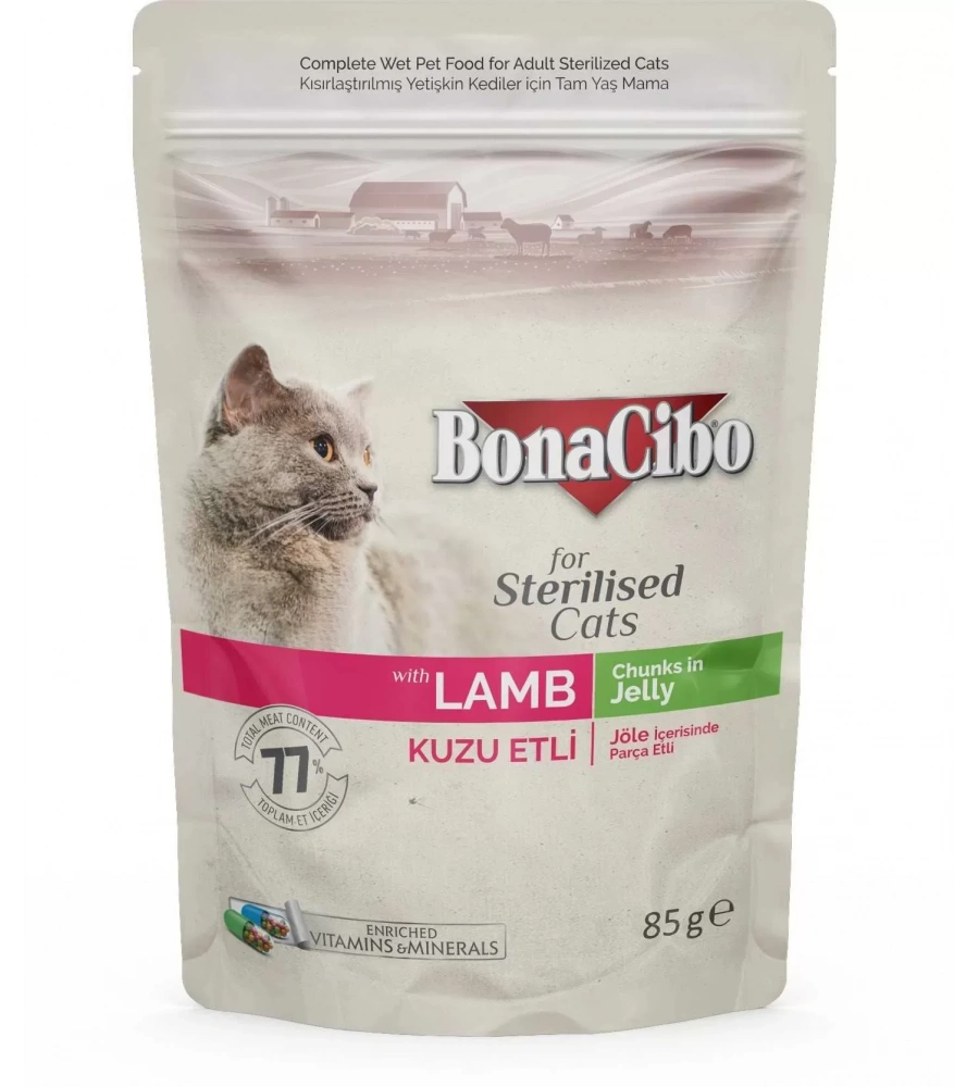 Bonacibo Jöleli Kuzu Etli Pouch Kısırlaştırılmış Yetişkin Kedi Yaş Maması 85Gr