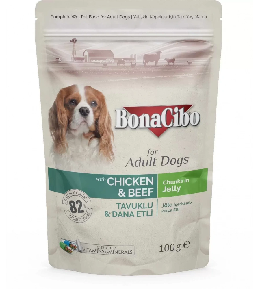 Bonacibo Jöleli Tavuklu-Dana Etli Pouch Yetişkin Köpek Yaş Maması 100Gr