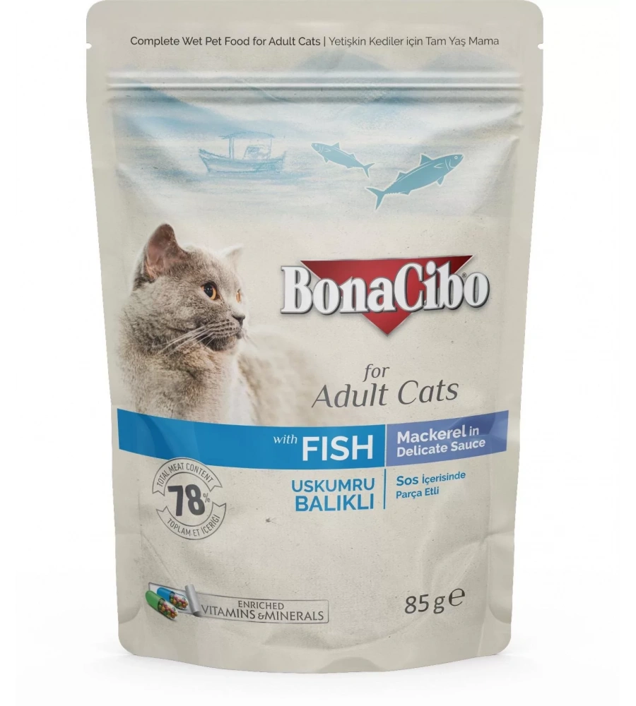 Bonacibo Soslu Uskumru-Balıklı Pouch Yetişkin Kedi Yaş Maması 85Gr