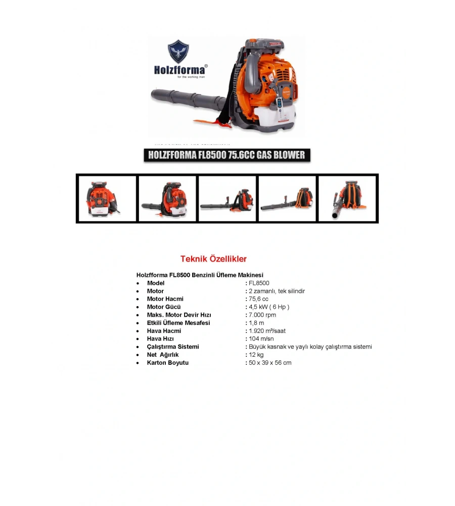 HOLZFFORMA FL8500 BENZİNLİ ÜFLEME MAKİNESİ 6 HP