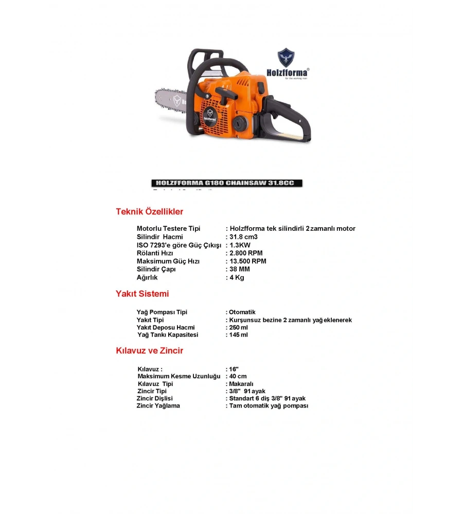 HOLZFFORMA G180 BENZİNLİ TESTERE