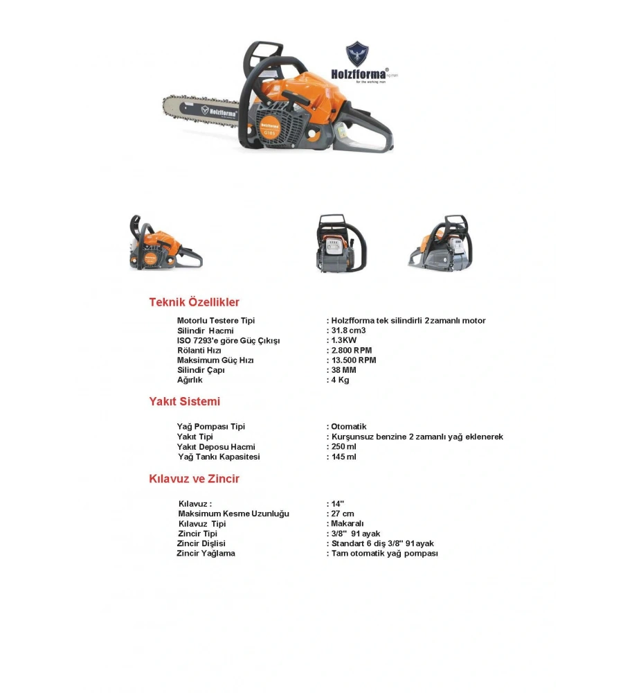 HOLZFFORMA G185 BENZİNLİ MOTORLU TESTERE