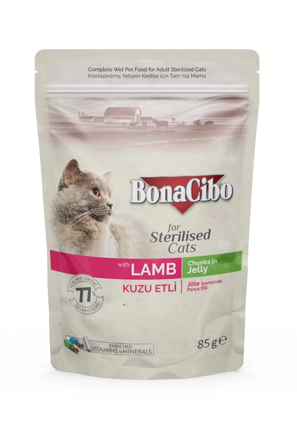 Bonacibo Jöleli Kuzu Etli Pouch Kısırlaştırılmış Yetişkin Kedi Yaş Maması 85Gr