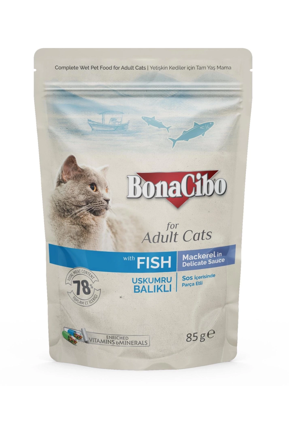 Bonacibo Soslu Uskumru-Balıklı Pouch Yetişkin Kedi Yaş Maması 85Gr