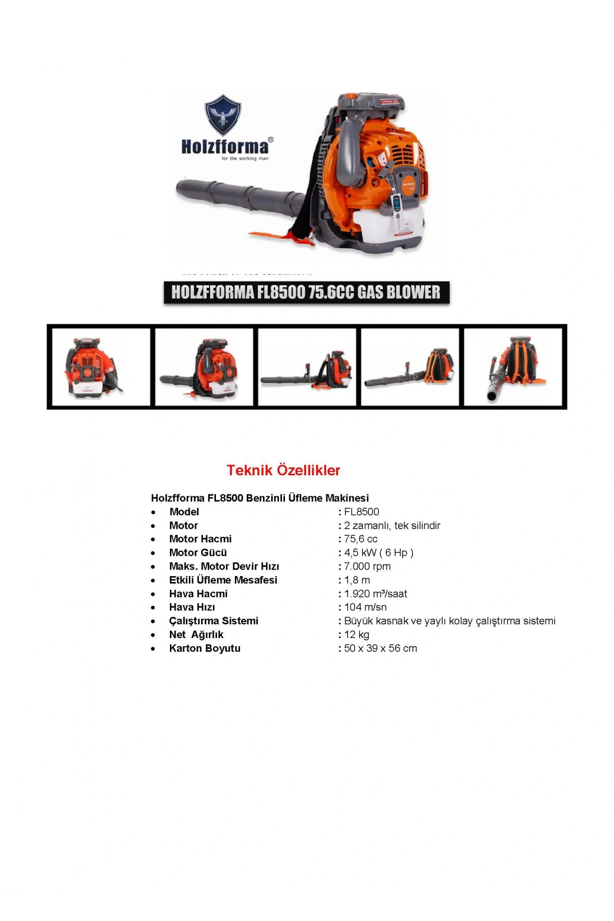 HOLZFFORMA FL8500 BENZİNLİ ÜFLEME MAKİNESİ 6 HP