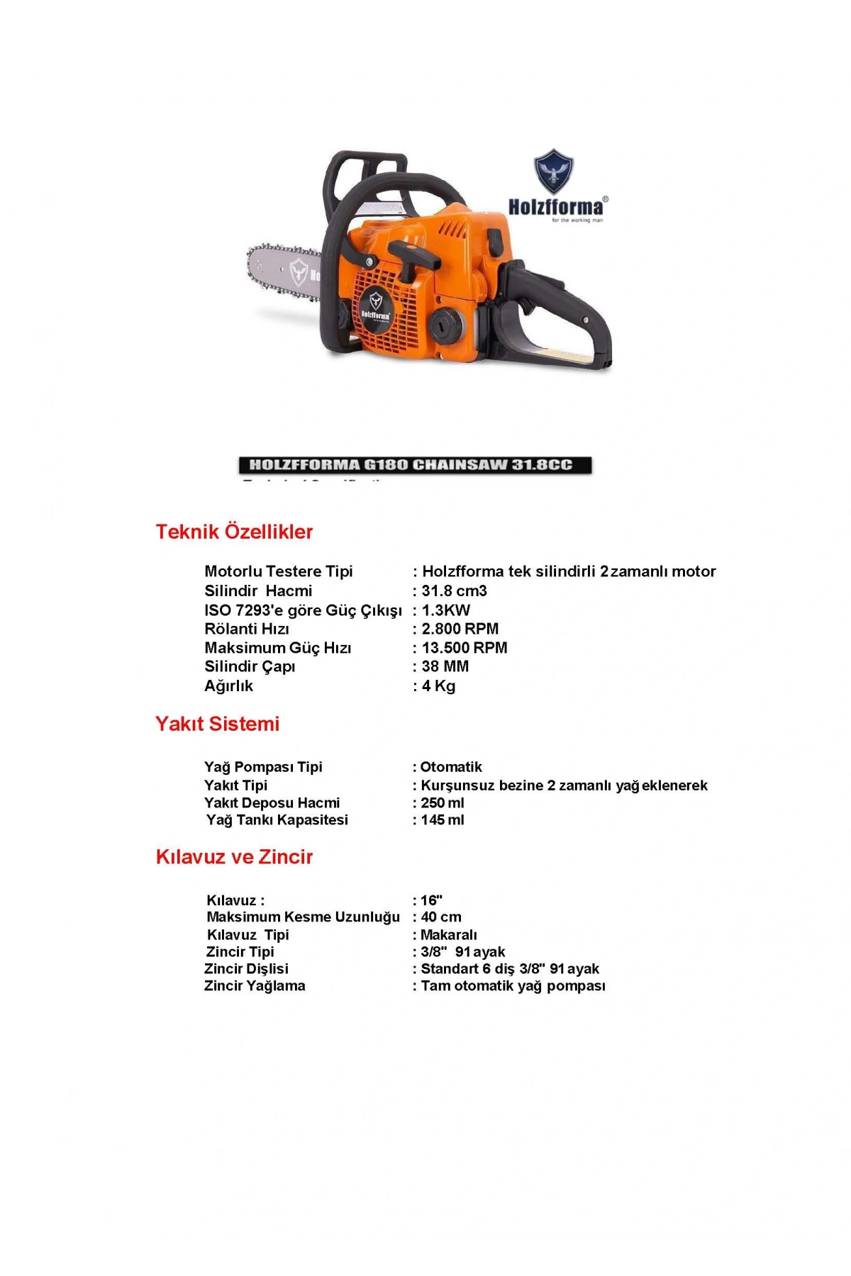 HOLZFFORMA G180 BENZİNLİ TESTERE
