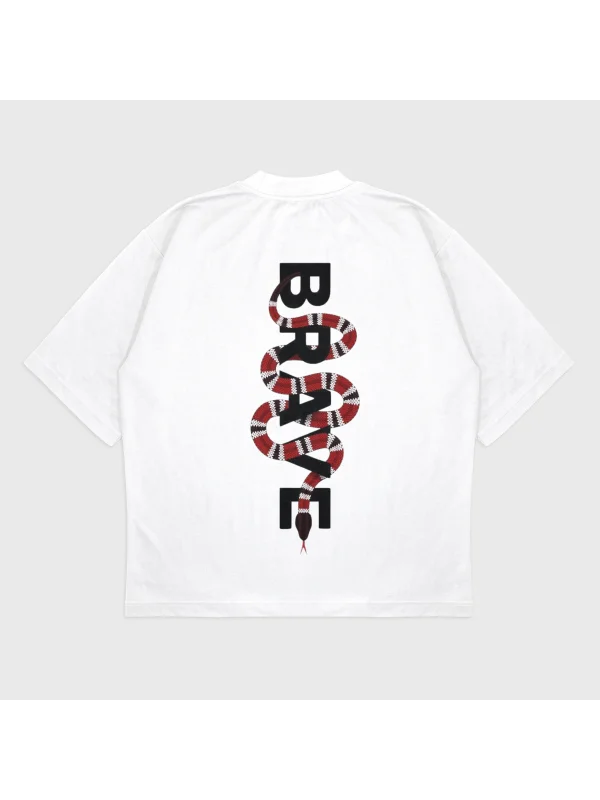 Oversize Brave Baskılı Bisiklet Yaka T-Shırt